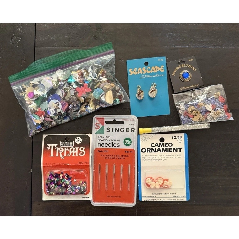 Vintage Mixed Sewing Lot Button Needles Singer Mini Cameos Sequins Crafts